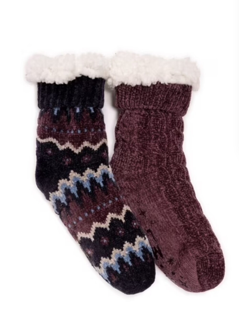 MUK LUKS Women's Tall Rib Cuff Cabin Socks (2)Pack Chenille Non-Skid Plush L/XL